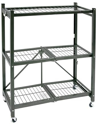 Origami 3-Tier Foldable Storage Shelves, Heavy Duty Rolling Shelf Rack with Wheels, Pewter