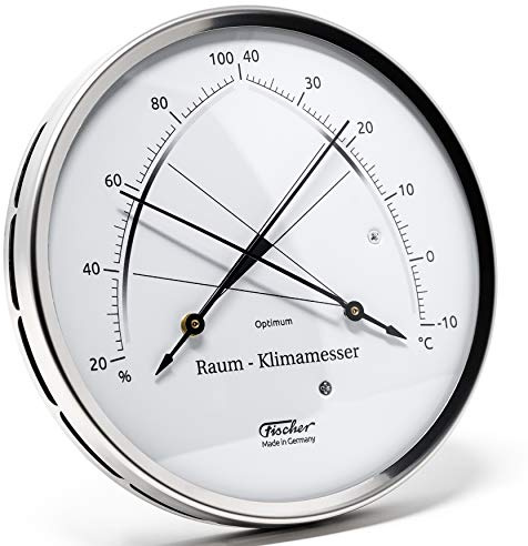 Fischer 146.01, Raum-Klimamesser, Glas, Edelstahl, Thermohygrometer | Synthetic-Hygrometer und Bimetall-Thermometer, Messbereich 20-100 % r. F. und -10-40 °C, 130mm Durchmesser, Made in Germany