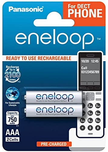 Panasonic eneloop, Ready-to-Use Ni-MH Akku, AAA Micro,2er Pack, min.750 mAh,2100 Ladezyklen, geringe Selbstentladung, für Schnurlostelefone (DECT), wiederaufladbare Akku Batterie