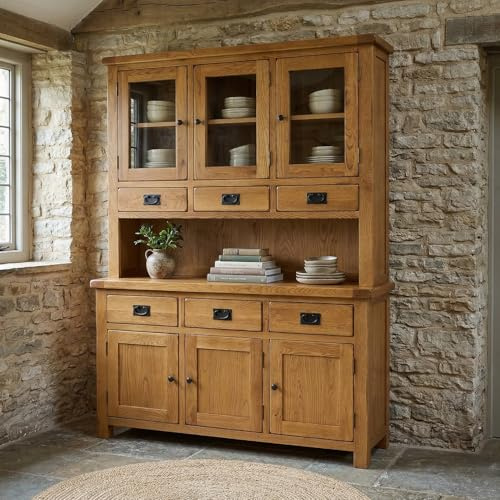 The Furniture Market Rustic Oak Large Glazed Dresser – Timeless Solid Oak Storage, Glazed Display Cabinet, 3 Doors, 3 Drawers, Removable Shelves, Premium Quality - H 1875mm x W 1390mm x D 425mm
