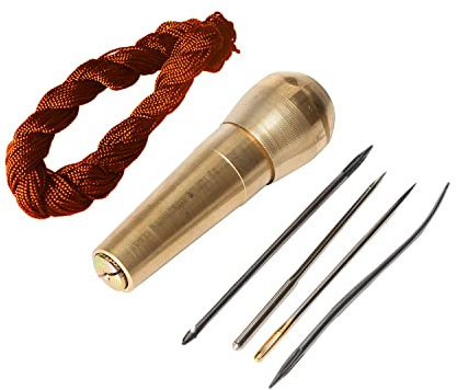 El cobre de la manija 4 agujas de coser a mano Punz¨®n Stitcher Kit con 9m Hilo de nylon de cuerda de herramientas de reparaci¨®n de zapatos de cuero de DIY de coser Reparaci¨®n de mano (Dorado+ Marr¨®n)