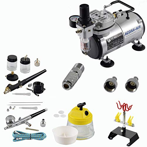Agora-Tec® Airbrush Set EXPERT VI.1 mit Kompressor 4 bar/20 l/min + 2 Pistolen inkl. Nadeln/Düsen 0,2/0,3/0,5/0,8 mm + 2 Schnellkupplungen + 4-fach Halter + Clean Pot + 1 Schlauch + Adapter