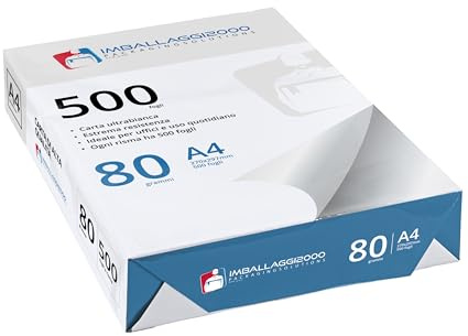 IMBALLAGGI 2000 - Risma Carta A4, 1 Pack da 500 Fogli per Tutte le Stampanti, 80 gr/mq - Ideale per Rifornimento Cancelleria Ufficio - Bianca