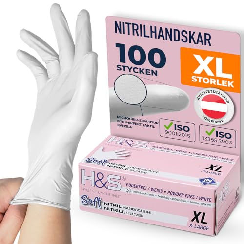 ISC Hygiene & Safety nitrilhandskar XL, engångshandskar, engångshandskar, matlagningshandskar mat - 100 stycken storlek 10 X-Large vit puderfri latexfri - gummihandskar engångs