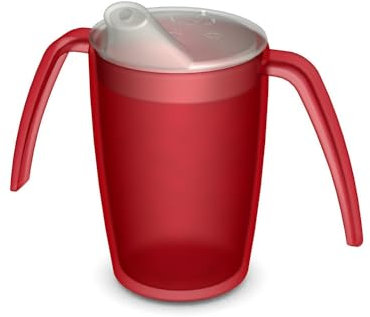 Ornamin two handled mug 220 ml red with spouted lid small opening | ergonomic plastic mug with two handles, firm hold also for shaky hands | drinking aid, cup for the care, feeding cup