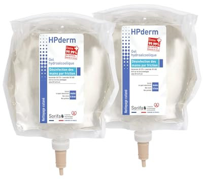 Lot de 2 HPderm Gel hydroalcoolique pour la désinfection des mains - Poche souple 1 Litre pour distributeur mural
