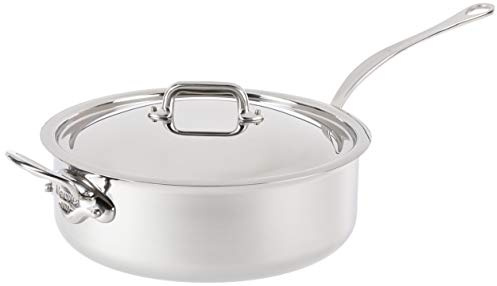 Mauviel Made in France M'Cook 5 Ply Stainless Steel 5211.29 5.8 Quart Saute Pan with Lid and Helper Handle, Cast Stainless Steel Handle