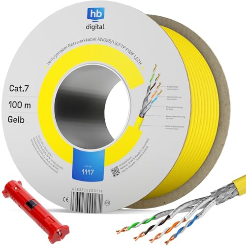 hb-digital 100m Cable de red CAT.7 Cable de instalación LAN AWG 23 Cobre puro S/FTP PiMF LSZH Ethernet que cumple con RoHS Cable de datos PoE 10Gbit/s máx. 1000MHz Amarillo + Pelacables