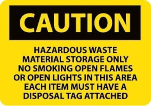 NMC C508RB OSHA Sign, Legend Caution - Hazardous Waste Material Storage ONLY NO Smoking Open Flames OR Open Lights in This Area..., 14 Length x 10 Height, Rigid Plastic, Black on Yellow