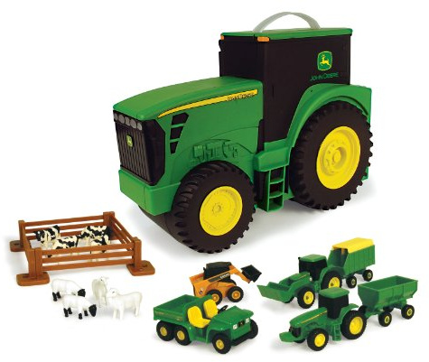 TOMY John Deere Tractor Toys - Value Set and Carrying Case - Portable Tractor-Shaped Carrying Case with 10 Compartments - Farm Toys - 18 Count - 3 Years and Up