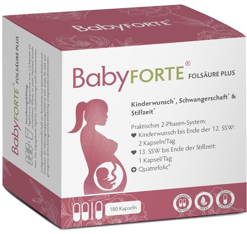 BabyFORTE® FolsäurePlus | vegan | Schwangerschaftsvitamine - Kinderwunsch Vitamine | 16 Nährstoffe | 180 Kapseln + Laborgeprüft