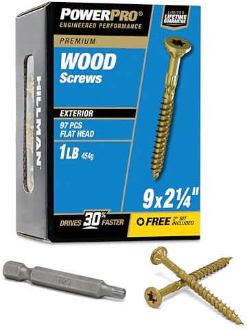 Power Pro 48598 Wood Screws, 9 x 2-1/4, Premium Outdoor Deck Screws, Rust Resistant, Epoxy Coated Bronze, 1lb Box, 113 pcs | Epoxy finish, star drive with flat head for deck and treated lumber, self-starting tip helps reduce splitting