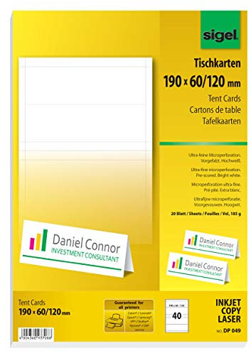 SIGEL DP049 bedruckbare Tischkarten weiß, 19 x 6 cm (auf A4), 40 Stück