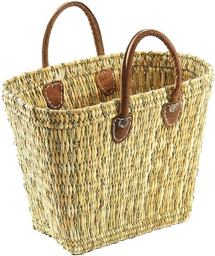 Kobolo Korbtasche Einkaufstasche Flechttasche Strandtasche Seegrastasche natur Ledergriffe
