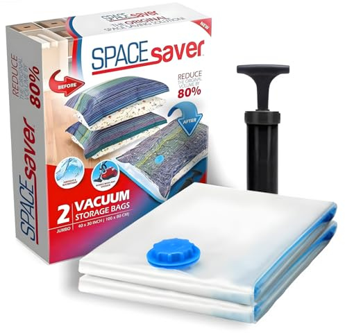 Spacesaver Bolsas de vacio ropa Premium, 80% Más de Almacenamiento, Bomba para Viajes, Sello de doble cierre y válvula turbo con triple sellado, Bolsas Vacío Ahorro de Espacio-Extra Grandes 2 Piezas