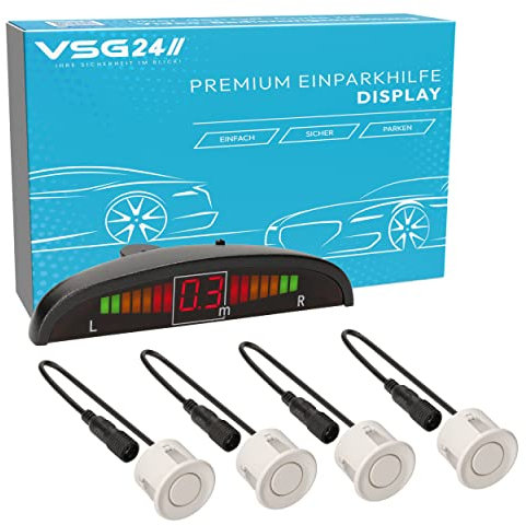 VSG24 Premium Einparkhilfe hinten mit Display zum nachrüsten am Auto, PDC Parksensoren hinten mit Stecksystem für einfachste Montage - 4 Rückfahrwarner Sensoren Parkhilfe Nachrüstsatz Weiß