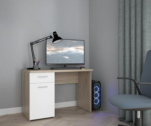 FORTE Winnie Schreibtisch mit 1 Tür und 1 Schublade, Holzwerkstoff, Sonoma Eiche / Weiß, B x H x T: 110 x 76,3 x 60 cm