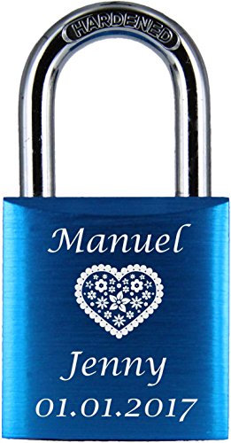 ♥ LoveGoals Liebesschloss mit Gravur | individuell graviert | ideales Geschenk für Paare & Verliebte | hochwertige Geschenkverpackung | Schloss mit 2 Schlüsseln | eloxiert | Motiv M006 | Farbe(Blau)