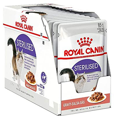 Royal Canin Sterilised in Soße | 12 x 85 g | Alleinfuttermittel für ausgewachsene Katzen | Speziell für kastrierte Katzen ab dem 12. Monat | Stückchen in Soße | Unterstützt Vitalität, Gewichtsmanagement und Nierengesundheit