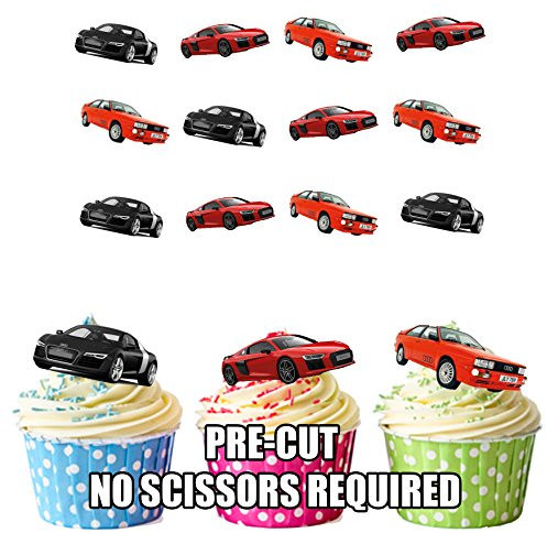 AK Giftshop Sports Car Mix Cake Decorations - 12 Edible Wafer Cup Cake Toppers
