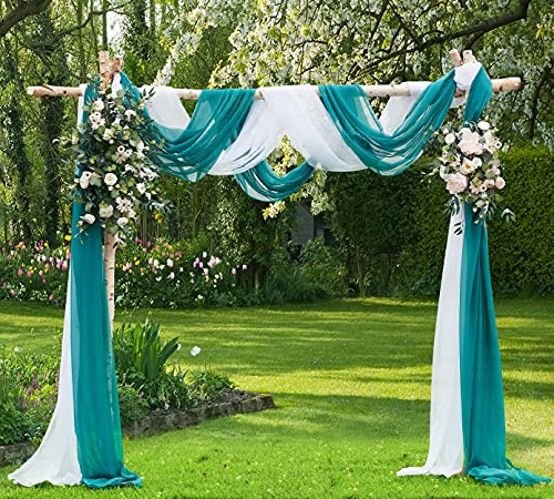 WARM HOME DESIGNS Wedding Arch Draping Fabric Bundle Has 2 216 Inch (18 Feet) Scarves in Teal & White Fabric Colors for Fabric, Ceremony or Wedding Decoration. AD White & Teal 216”