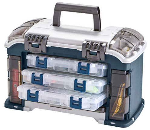 Plano Abgewinkeltes Angelgerät-System mit drei 3560 Aufbewahrungsboxen, Angelzubehör-Aufbewahrung, Premium-Ausrüstungsaufbewahrung, Beige / Blau