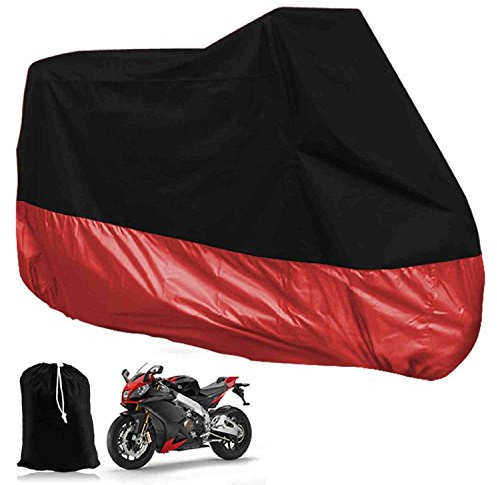 Funda para Moto Cubierta de Moto Protector Poliéster Impermeable Reflectante Motocicleta Anti-Polvo Lluvia Nieve UV Agua Aire Libre con el Bolso del Almacenaje Talla XXL (265cm) Cubierta para Moto/Motocicleta Negro y Rojo