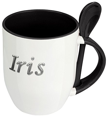 digital print Namenstasse Iris - Löffel-Tasse mit Namens-Motiv Chrom-Schriftzug - Becher, Kaffeetasse, Kaffeebecher, Mug - Schwarz