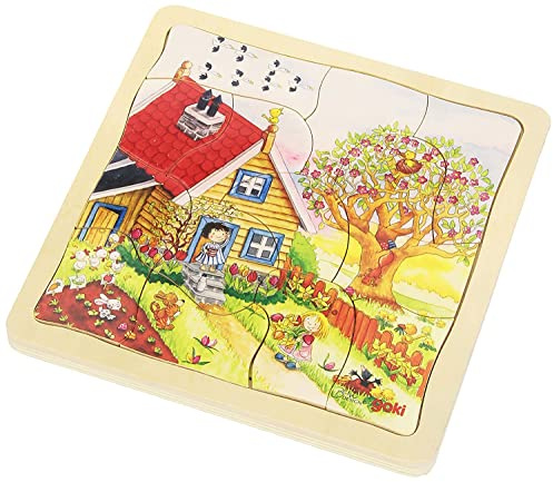 Goki 57684 – Lagerpussel fyra årstider, 4-i-1 träpussel för väderkonst, pedagogiska leksaker, 20 x 20 cm, set om 56 från 3 år, blandad