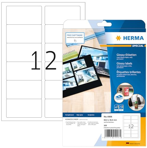 HERMA 4906 Hochglanz Etiketten, 25 Blatt, 88,9 x 46,6 mm, 12 pro A4 Bogen, 300 Stück, selbstklebend, bedruckbar, glänzend, blanko Glossy Papier Klebeetiketten Aufkleber, weiß