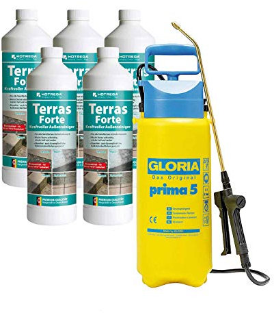 HOTREGA Terras Forte Steinreiniger Außenbereich 5x 1 Liter Konzentrat | Selbsttätig, materialschonend, säurefrei | inkl. GLORIA Drucksprüher