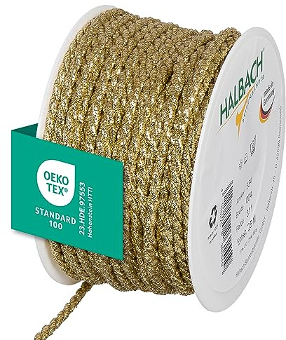 Halbach Seidenbänder Cordón Dorado Premium, Ancho: 4 mm, Longitud: 25 m, cordón para decoración, Cuerda Dorada para Manualidades y envoltorios de Regalo, Color: Dorado