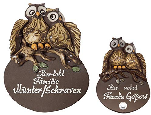 Keramikschild-2 Eulen-Türschild-Klingelschild-Namensschild-Schild-2 Größen-Relief von Hand gefertigt-Incl. Beschriftung-Mit, oder ohne Klingel (6903=145 x 170 mm ohne Klingel)