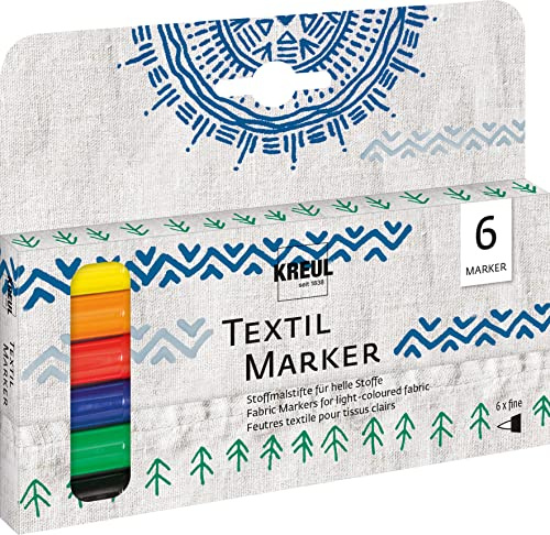 KREUL 90690 - Textil Marker fine, 6 Stoffmalstifte für helle Stoffe, mit unempfindlicher Faserspitze, Strichstärke circa 1 bis 2 mm, waschecht nach Fixierung