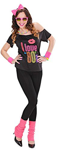 NET TOYS Madonna Kostüm 80er Jahre Outfit Popstar - T-Shirt mit Schleife und Stulpen - Kleidung 80s Disco Tanzkostüm Nena Karnevalskostüm Aerobic Klamotten Verkleidung