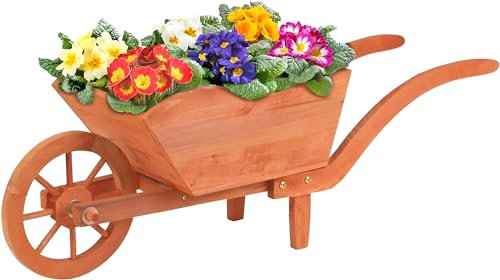 BURI Brouette à plantes en bois massif 100 cm – Brouette à planter comme décoration de jardin – Jardinière en bois pour jardin, terrasse, marron