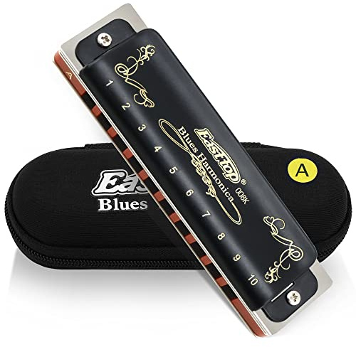East top Blues Diatonic Harmonica in A, 10 Holes 20 Tones T008K Top Grade Mouth Organ harmonica for Adults, Professionals, Beginners and Students