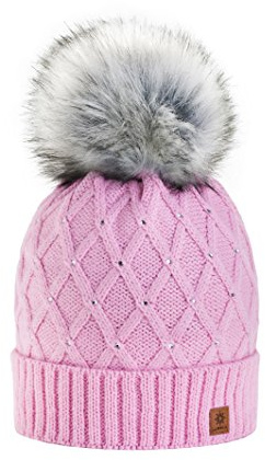 Kvinnor flickor vinter mössa mössa ull stickad kristall med stor pom pom keps skidor snowboard hattar MFAZ Morefaz Ltd, Rosa, one size