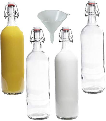 Lot de 4 Bouteilles carafes à Eau 1 Litre avec Bouchon mécanique - Verre Transparent - Livré avec Un Entonnoir