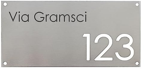 GUIZZO Creart - Numero Civico Esterno in Acciaio Inox, Targa Personalizzata con Numeri Civici Esterni, Via e/o Famiglia e Nomi Made in Italy, Targhetta Personalizzata Porta Ingresso Esterno, 20x10H cm