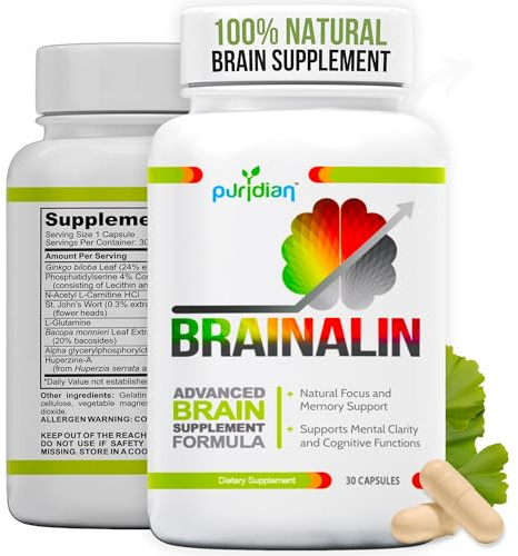 Puridian Brain Supplement for Memory Focus and Concentration | Brainalin Natural Nootropic Capsules | Vitaminas para El Cerebro y Memoria | Non-GMO, Caffeine-Free