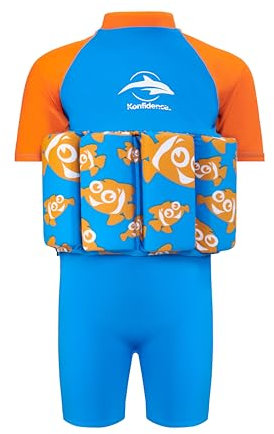 Konfidence Float suit – traditionell barnbaddräkt i 1–5 år med justerbar flytförmåga/avtagbara skumflytleksaker – supermjuk, flexibel lycra (clownfisk, 1–2 år)