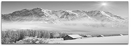 Paul Sinus Art Photo sur toile panoramique Noir/blanc 120 x 40 cm Paysage d'hiver montagnes forêt maisons neige