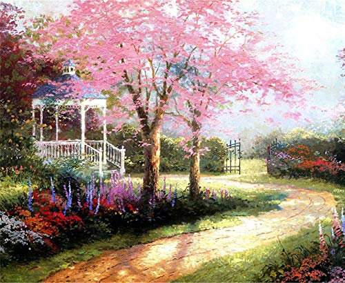 YEESAM ART DIY Ölgemälde Malen nach Zahlen Erwachsene Kinder, Fantasy Pink Kirschblüte Baum Trail Zahlenmalerei ab 5 Öl Wandkunst (Pink, mit Rahmen)