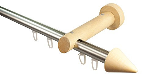 Innenlauf Gardinenstangen aus Alu und Holz Farbe Edelstahl Buche, 20 mm, Endstück Kegel, 120 cm