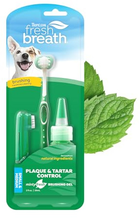 TropiClean Fresh Breath Toothbrush and Toothpaste Kit for Dogs, Teeth Cleaning Kit for Plaque & Tartar Removal, Breath Freshener, Dog Dental Care