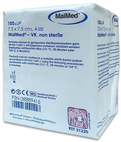 MaiMed Vlieskompressen 7,5x7,5 unsteril - 100 Stück unsterile Vlieskompressen - Wundauflage nicht haftend - Wundkompressen Gaze Verbandsmaterial