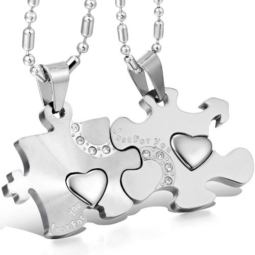 JewelryWe Schmuck 2PCS Paare Halskette Partnerketten Freundschaftsketten Partneranhänger Edelstahl I Love You Herz Puzzle Anhänger Kette mit kostenlos Gravur
