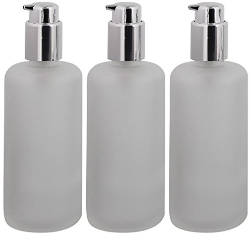 Mattglas, Gel-Spender Flasche, m. Silber Lotionspender, 200 ml Kosmetex Glas-Flasche, Flakon, leer, 3× 200 ml Mattglas