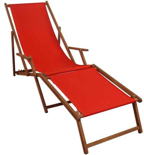 Lunga Sedia a Sdraio Rossa con braccioli da Mare in Faggio con poggiapiedi 10-308F